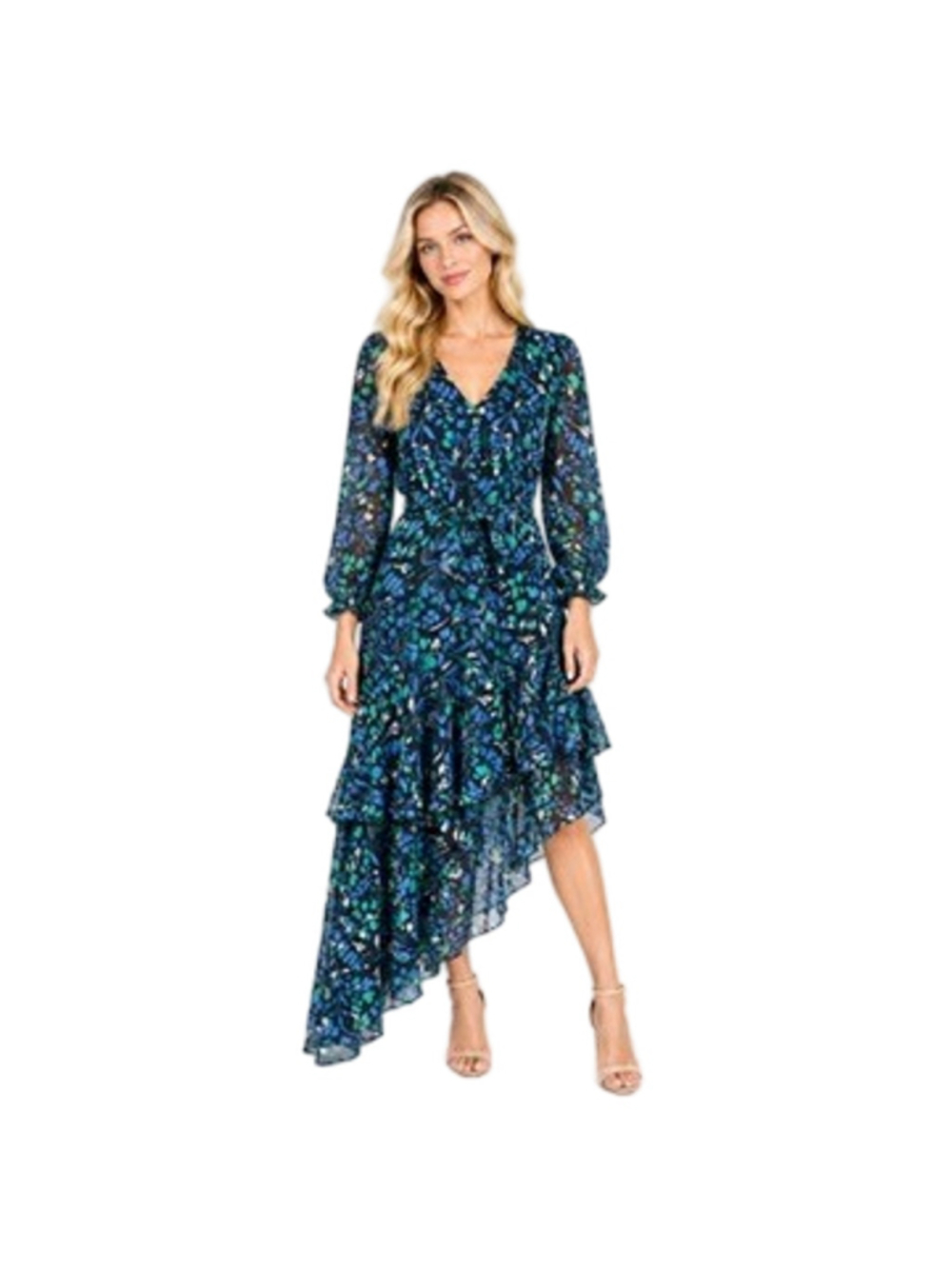 Karl Lagerfeld Paris Tiered Asymmetrical Chiffon Dress Blue Green Floral Size 12
